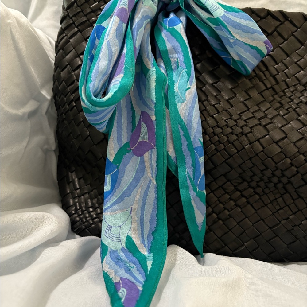 Elegant Black Woven Bag with Teal and Purple Scarf
